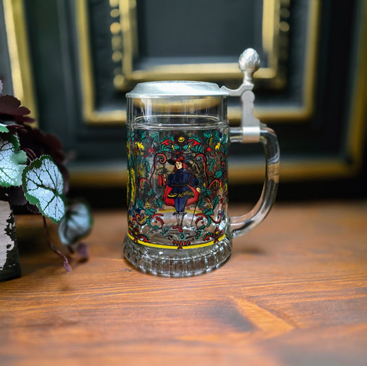 Original BMF Bierseidel mit Löwen-Wappen & Zinndeckel. 0,5L Glaskrug aus den 1970er/80er Jahren – schwer, robust, mit Engel-Punze – perfekter Vintagekrug für Sammler & Bierliebhaber.