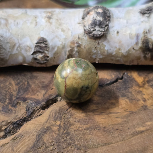 Rhyolith-Kugelperle 16 mm – Regenwald-Jaspis mit einzigartiger Maserung. Stabilisiert & poliert. Perfekt für Schmuckherstellung. Du erhältst exakt die abgebildete Perle.