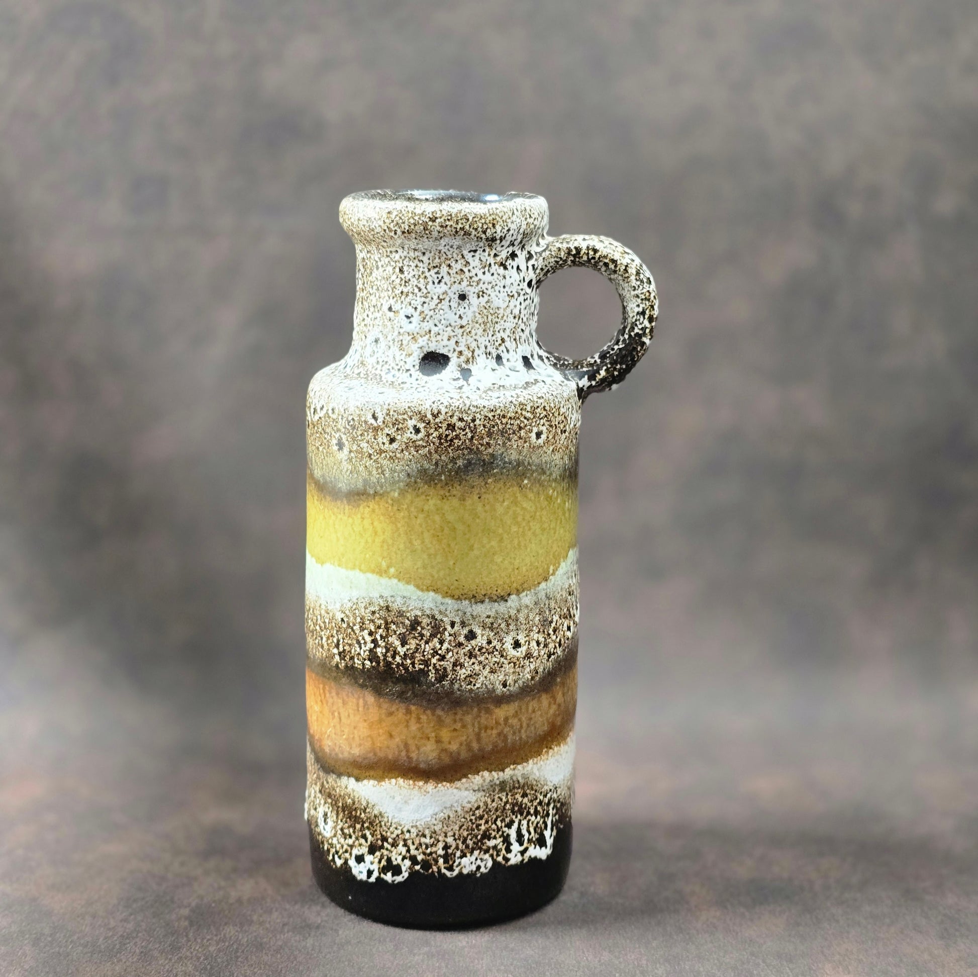 Scheurich Fat Lava Vase 401-20 mit Henkel, 1970er Jahre, braun-gelb-weiße Glasur, West German Pottery Vintage