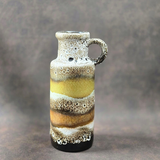 Scheurich Fat Lava Vase 401-20 mit Henkel, 1970er Jahre, braun-gelb-weiße Glasur, West German Pottery Vintage