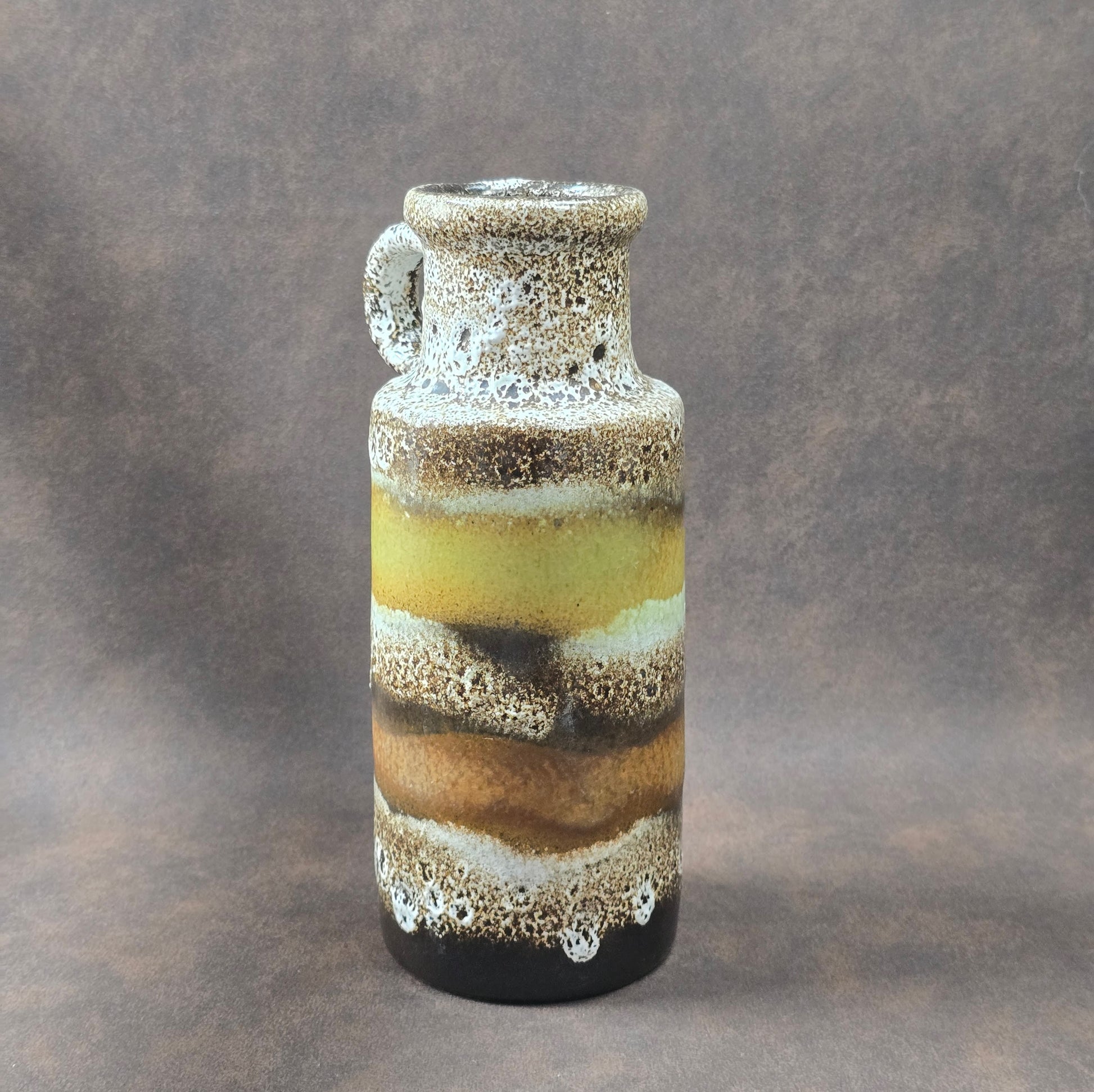 Scheurich Fat Lava Vase 401-20 mit Henkel, 1970er Jahre, braun-gelb-weiße Glasur, West German Pottery Vintage