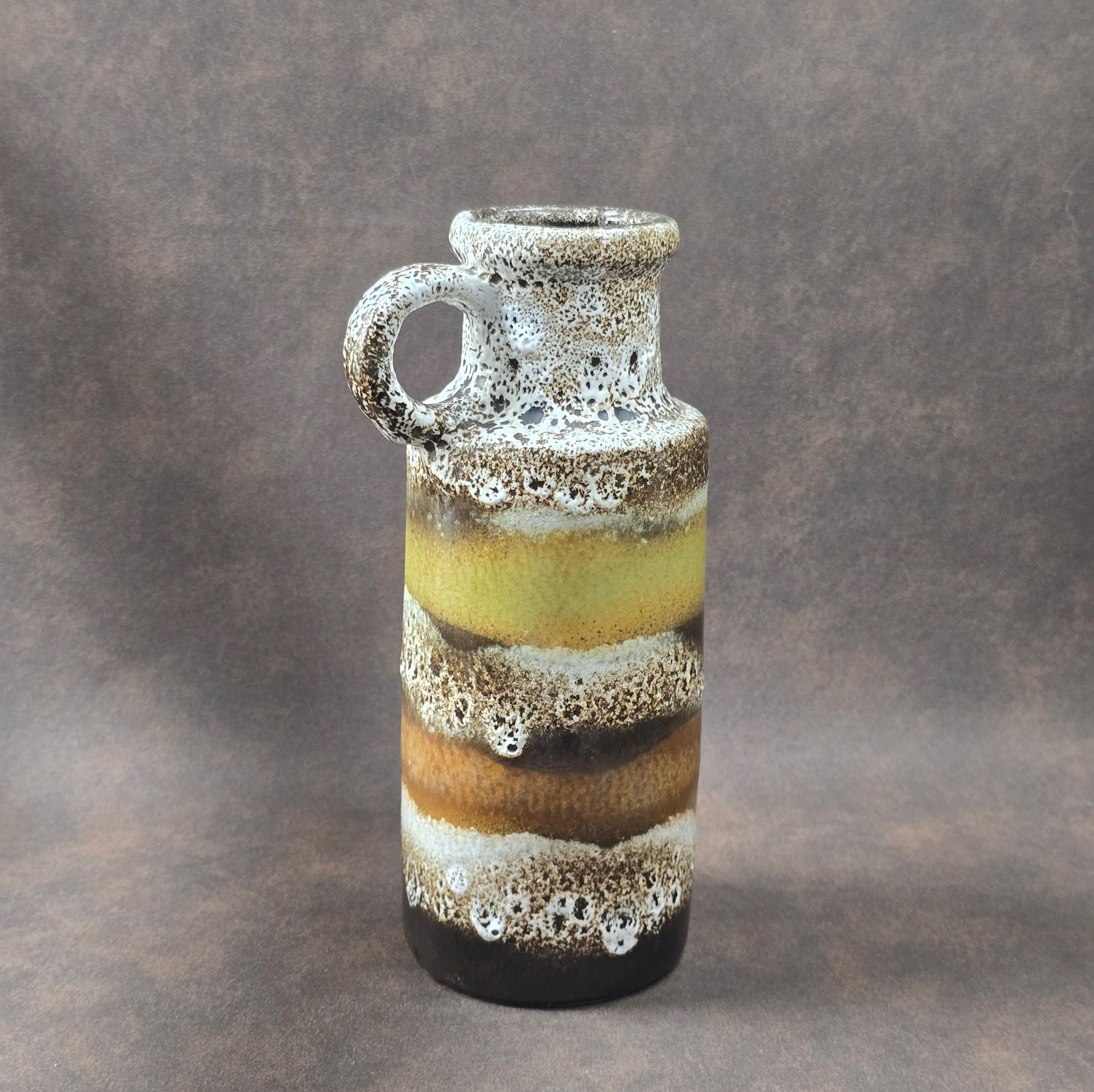 Scheurich Fat Lava Vase 401-20 mit Henkel, 1970er Jahre, braun-gelb-weiße Glasur, West German Pottery Vintage