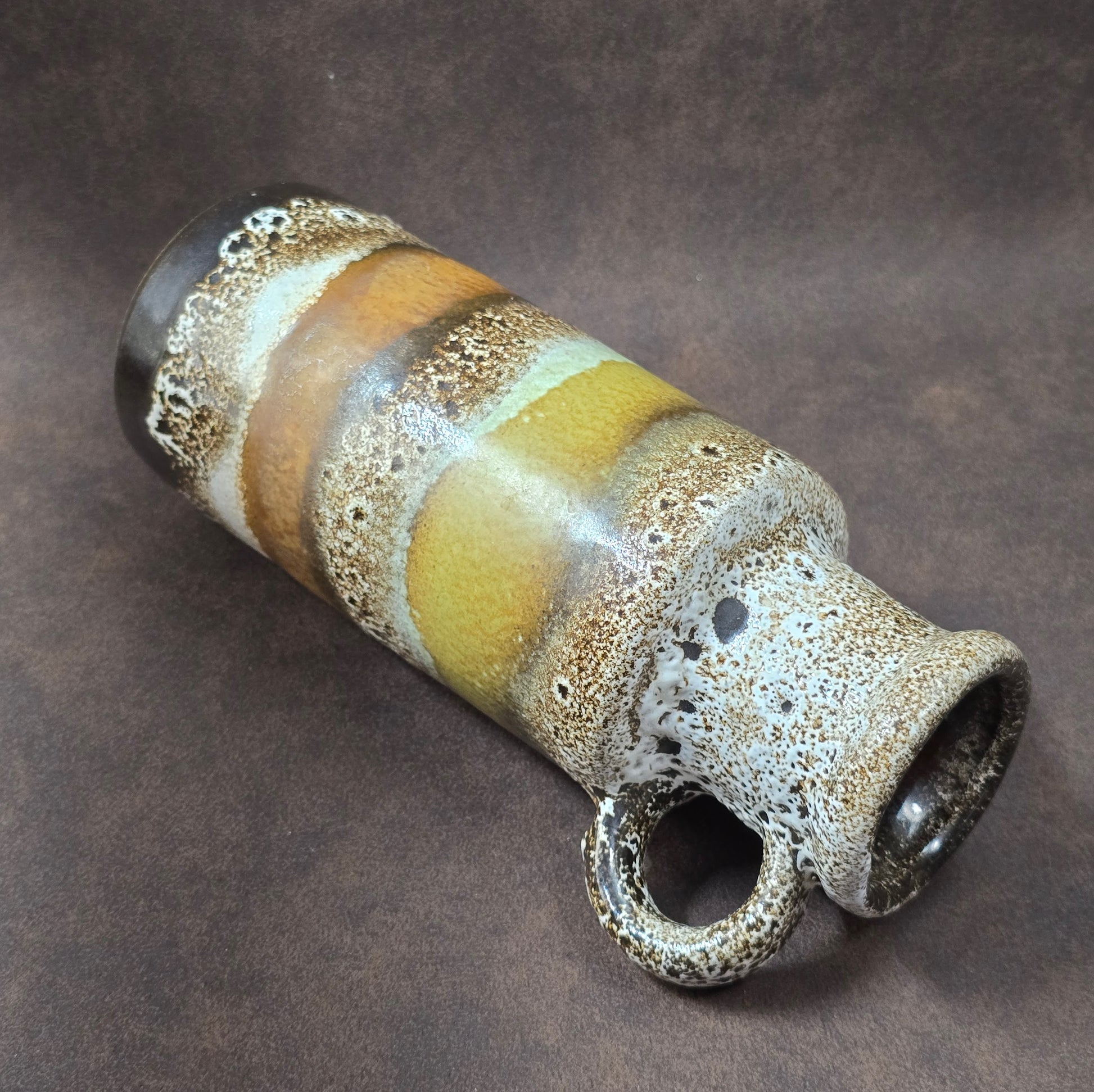 Scheurich Fat Lava Vase 401-20 mit Henkel, 1970er Jahre, braun-gelb-weiße Glasur, West German Pottery Vintage