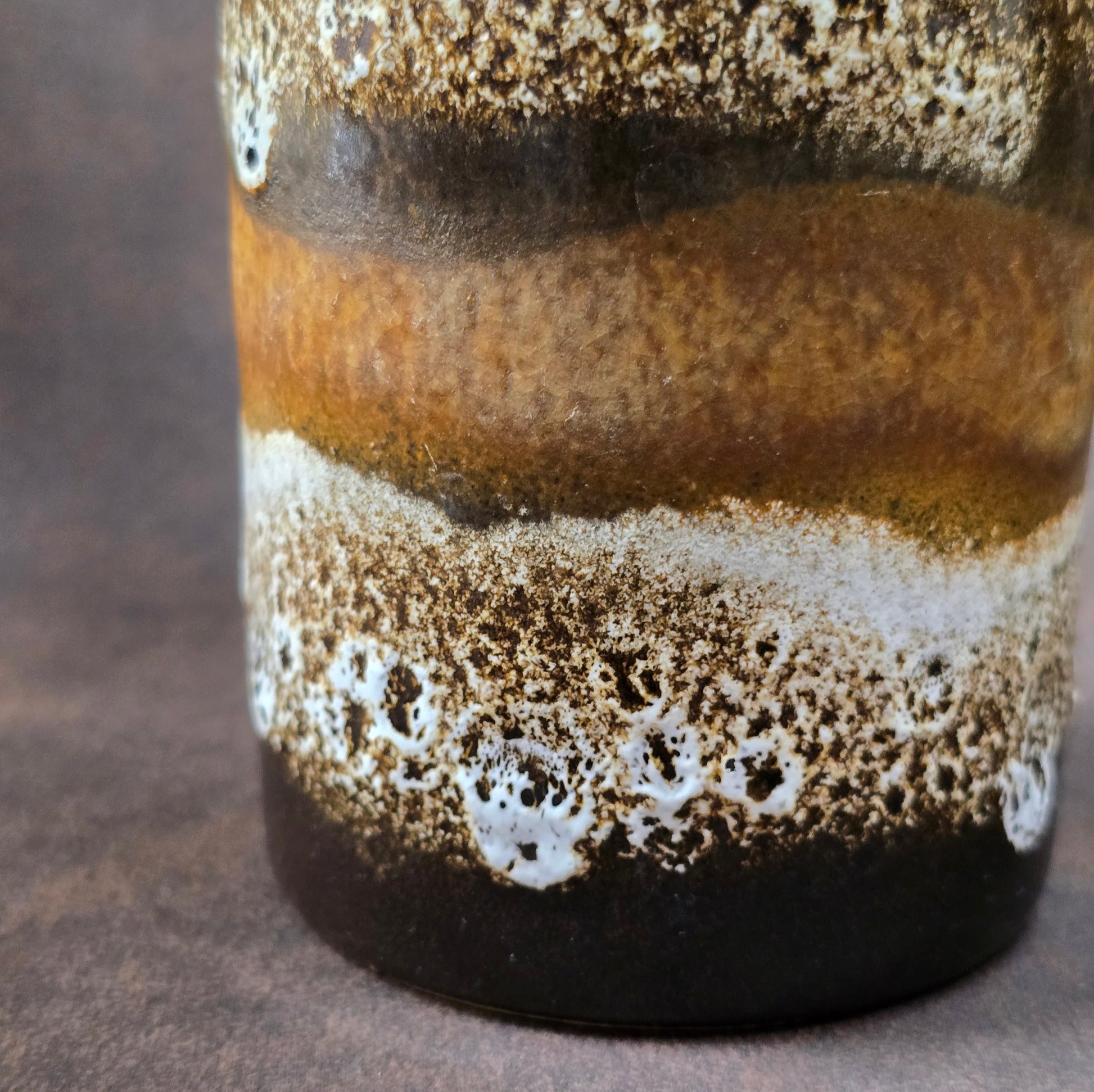 Scheurich Fat Lava Vase 401-20 mit Henkel, 1970er Jahre, braun-gelb-weiße Glasur, West German Pottery Vintage