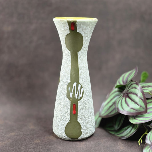 Vintage-Keramikvase Jasba 602/19 aus den 60ern – grün-weiß mit sonnengelbem Innenraum, Putzstruktur, guter Zustand. Charmanter Designklassiker für dein Zuhause.