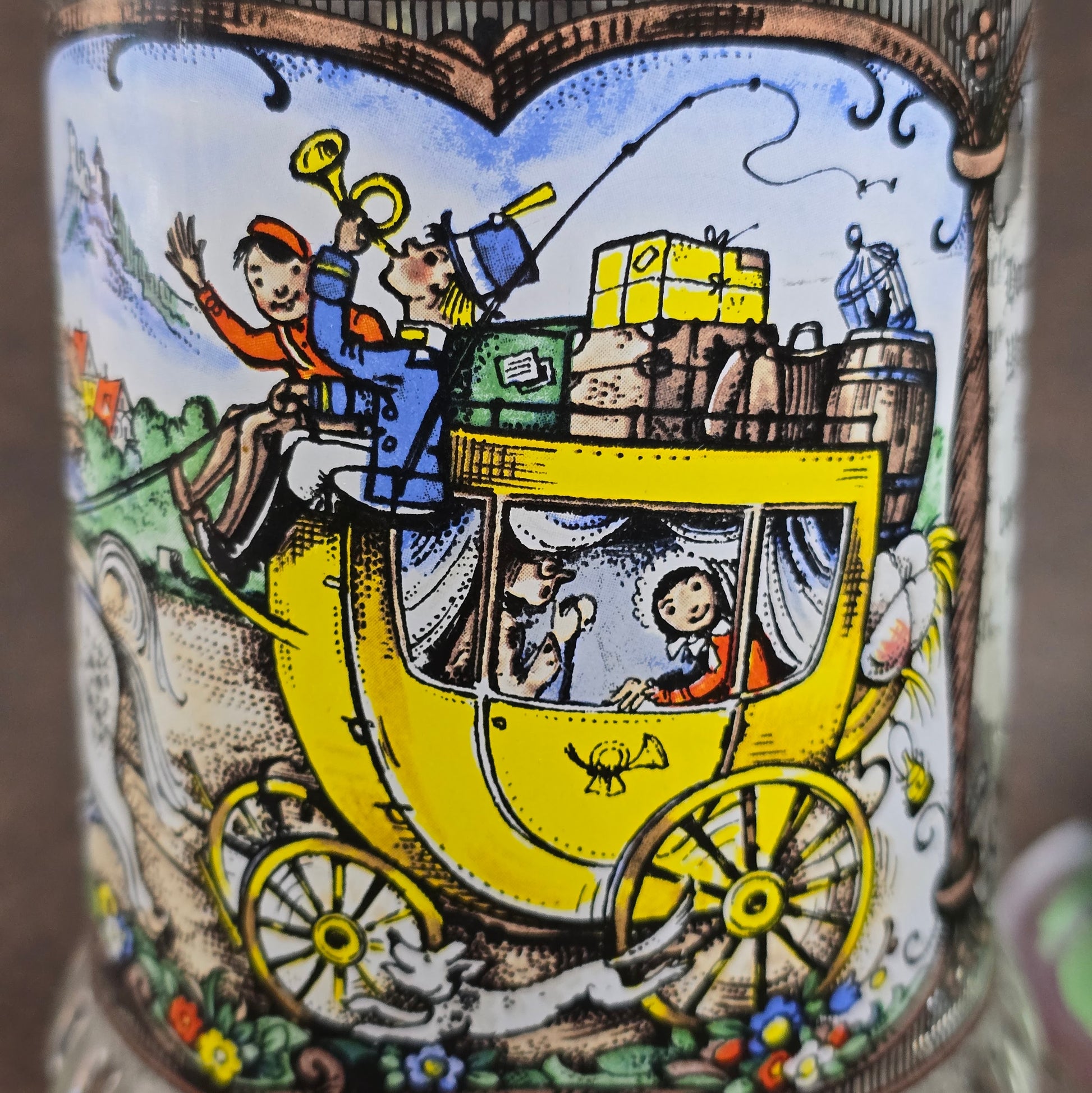 BMF Vintage-Bierseidel 0,5L mit Zinndeckel & Postillon-Motiv – 70er-Jahre Klassiker aus Glas, sehr dekorativ!