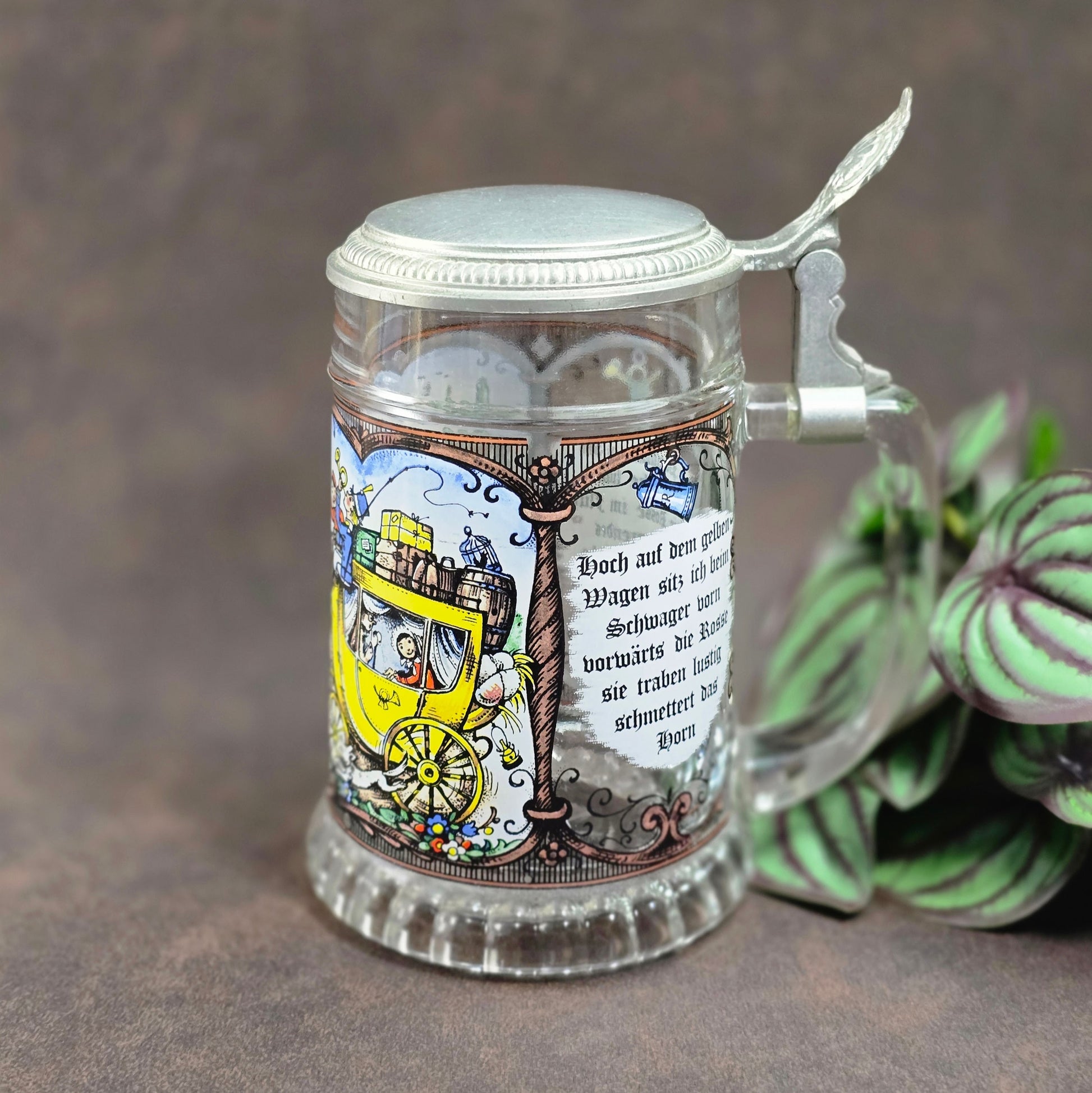 BMF Vintage-Bierseidel 0,5L mit Zinndeckel & Postillon-Motiv – 70er-Jahre Klassiker aus Glas, sehr dekorativ!