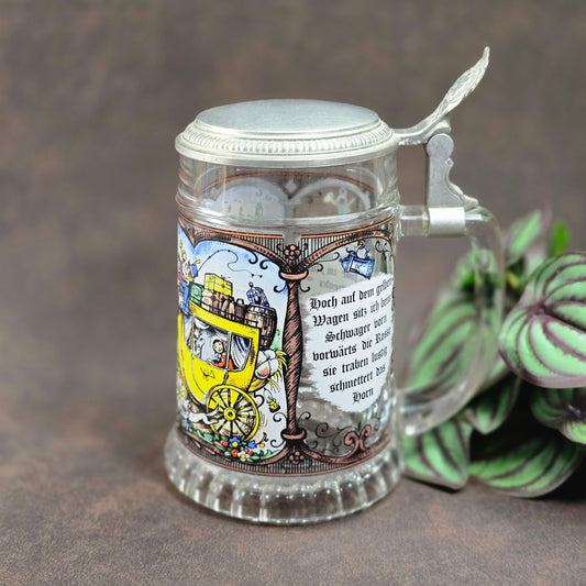 BMF Vintage-Bierseidel 0,5L mit Zinndeckel & Postillon-Motiv – 70er-Jahre Klassiker aus Glas, sehr dekorativ!