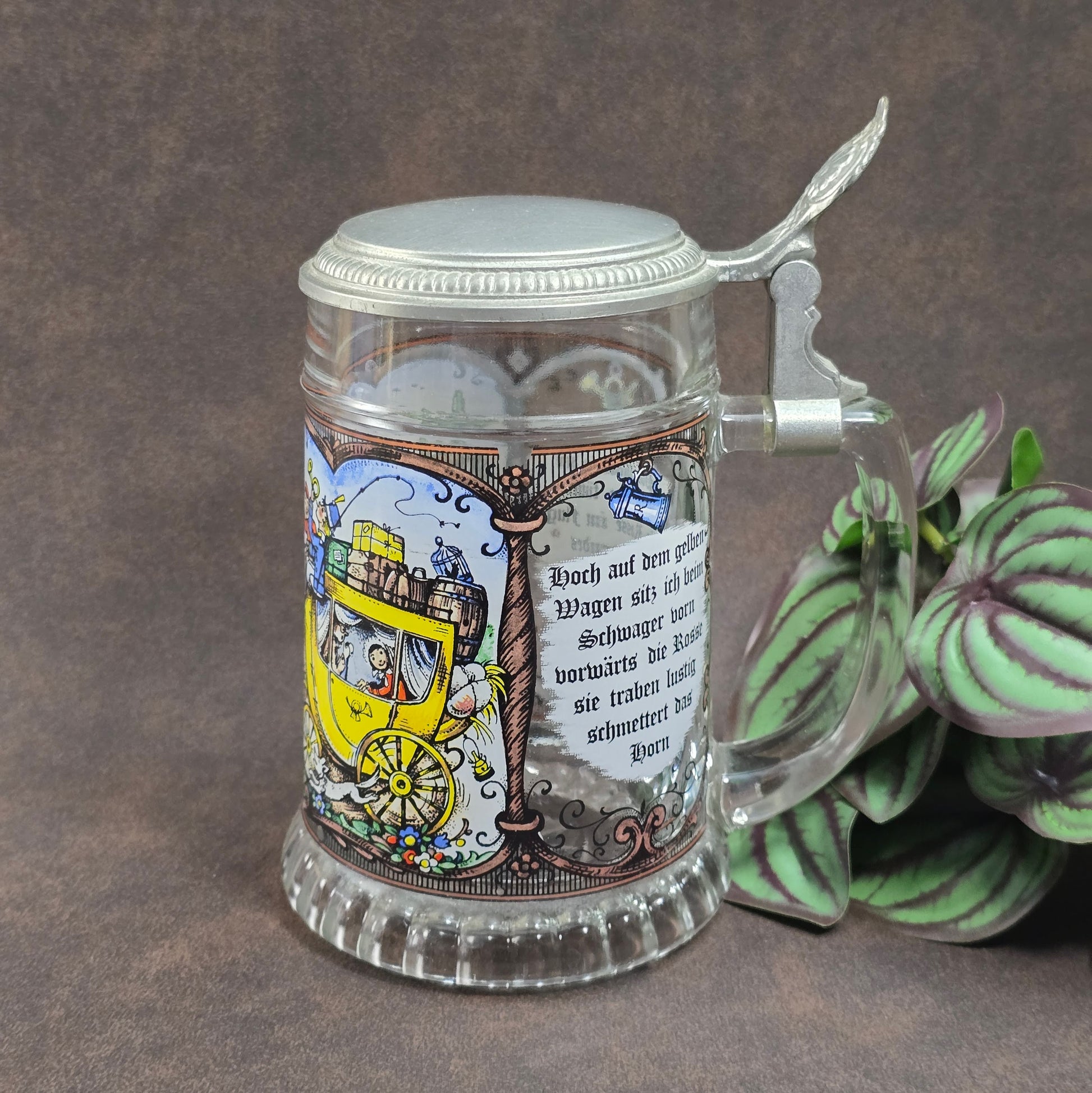 BMF Vintage-Bierseidel 0,5L mit Zinndeckel & Postillon-Motiv – 70er-Jahre Klassiker aus Glas, sehr dekorativ!