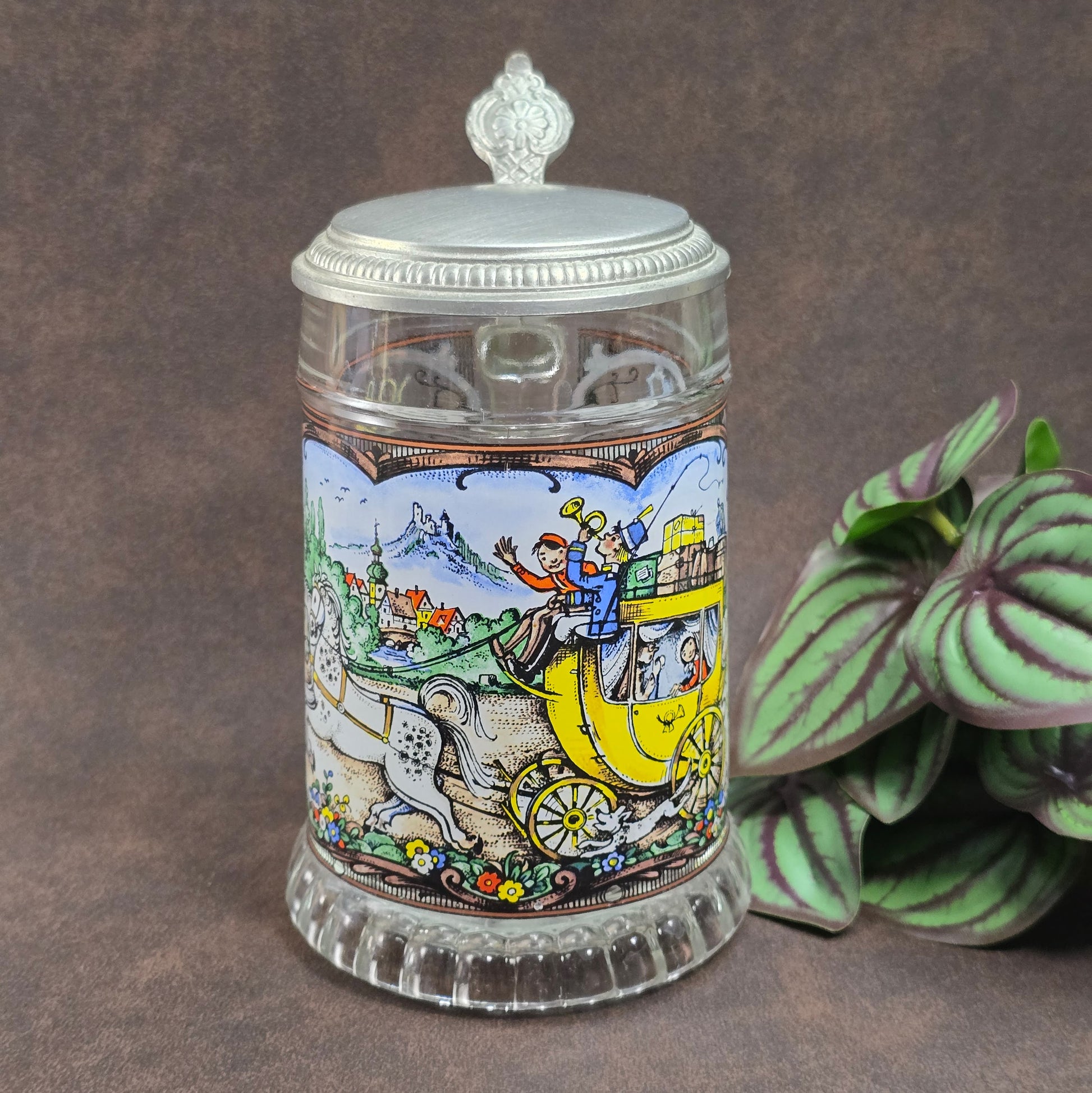 BMF Vintage-Bierseidel 0,5L mit Zinndeckel & Postillon-Motiv – 70er-Jahre Klassiker aus Glas, sehr dekorativ!