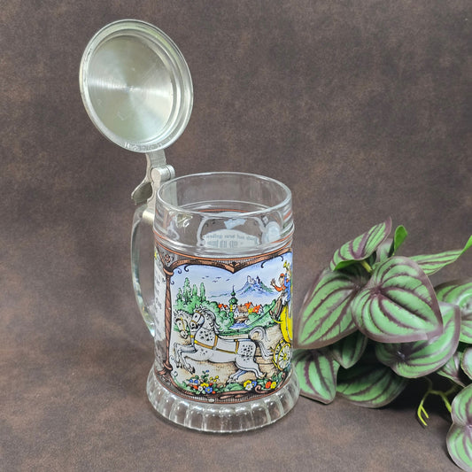 BMF Vintage-Bierseidel 0,5L mit Zinndeckel & Postillon-Motiv – 70er-Jahre Klassiker aus Glas, sehr dekorativ!