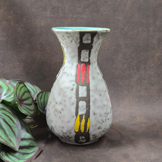 Jasba Keramikvase im Mid-Century-Stil – 60er/70er Original aus West Germany, Türkis-Innenglasur & farbiges Reliefmuster, top erhalten.