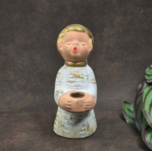 Vintage Engel-Kerzenhalter von Jullar aus Spanien. Boho-Weihnachtsdeko mit Patina, ca. 13 cm hoch. Für schmale Kerzen bis 1,2 cm geeignet.