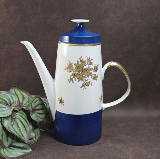 Elegante Vintage-Kaffeekanne von Lichte Fine China (DDR) im Art-Deco-Stil – Blau-Weiß mit Gold. Ideal als Ersatzkanne oder stilvolles Einzelstück.