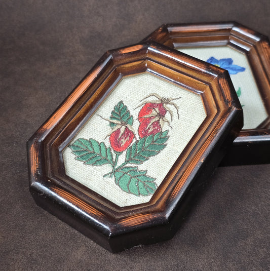 Zwei Vintage-Stickbilder aus den 60er/70er Jahren, Enzian & Hagebutte, unter Glas im britischen Registered Design Rahmen.