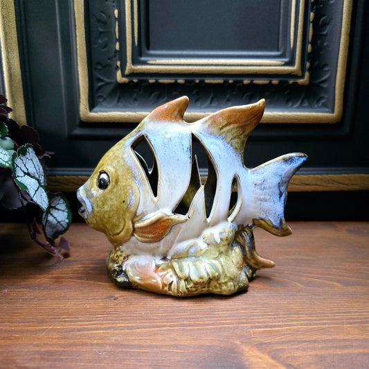 Witziger Fisch-Teelichthalter aus glasiertem Steinzeug, MCM-Stil der 1990er. Handgefertigte Vintage-Deko aus Deutschland. Sehr guter Zustand.