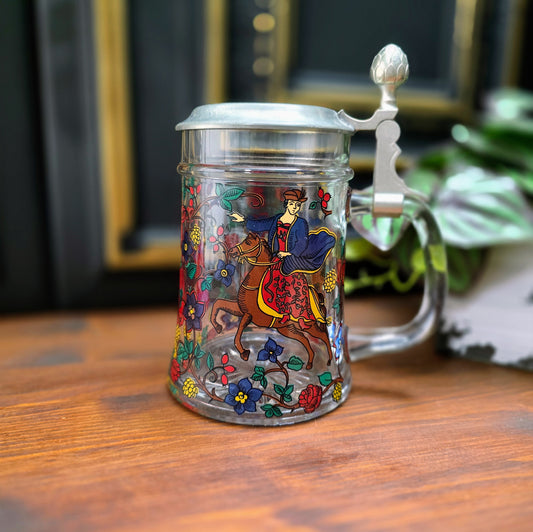 Original BMF Bierseidel aus Glas mit Zinndeckel & Dornröschen-Motiv. Vintage 1970er Jahre, 0,5L, mit Engel-Punze – in sehr gutem Zustand, perfekt für Sammler & Märchenfans.