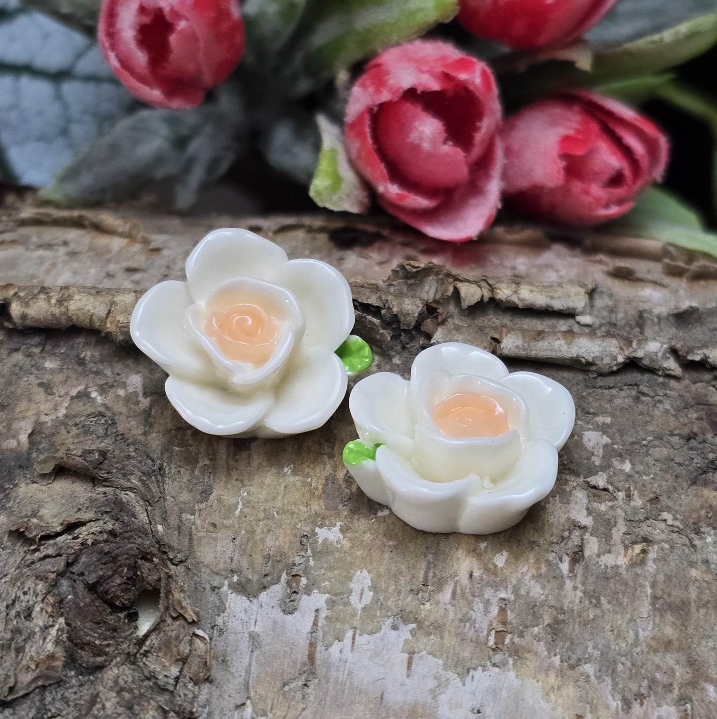 Das Bild zeigt 2 Cabochons weiße Mandelblüte – 15mm – Frische Akzente für deine Schmuckkreationen 🌸✨