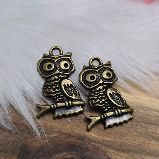 Das Bild zeigt vier bronzefarbene Eulen-Anhänger mit einer detailreichen Gravur. Die Charms sind ca. 22 mm groß und haben eine hohle Rückseite, was sie besonders leicht macht. Perfekt für Ketten, Armbänder oder andere Schmuckprojekte im Vintage- oder Boho-Stil.