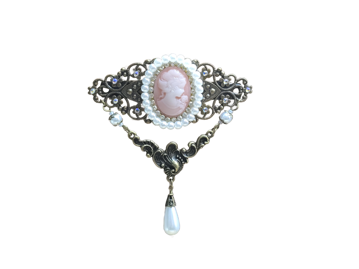 Haarspange im Vintage Shabby Stil mit Kamee, rosa, antik Bronzefarbig