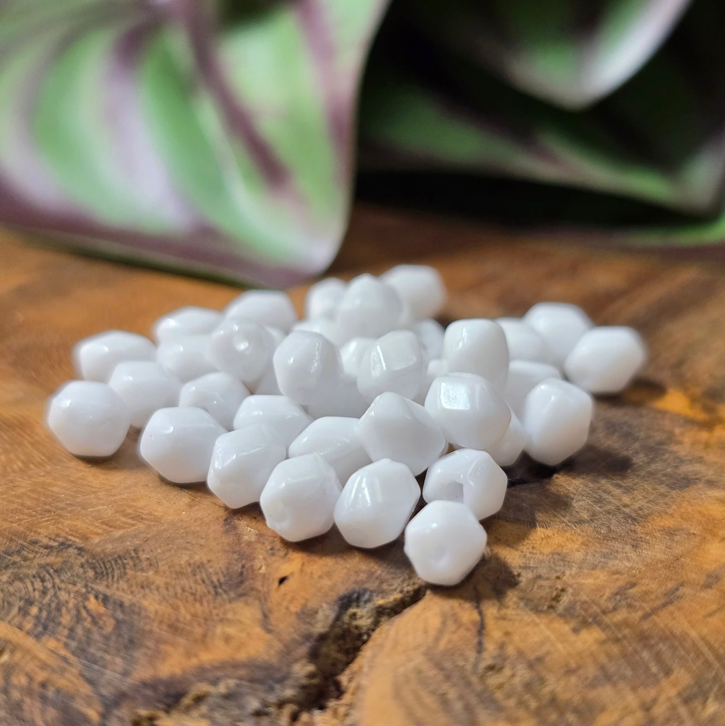 40 klassische Glasperlen in opakem Weiß (5 mm), oval & facettiert – aus Gablonz. Perfekt für elegante DIY-Schmuckideen, gut kombinierbar und vielseitig einsetzbar