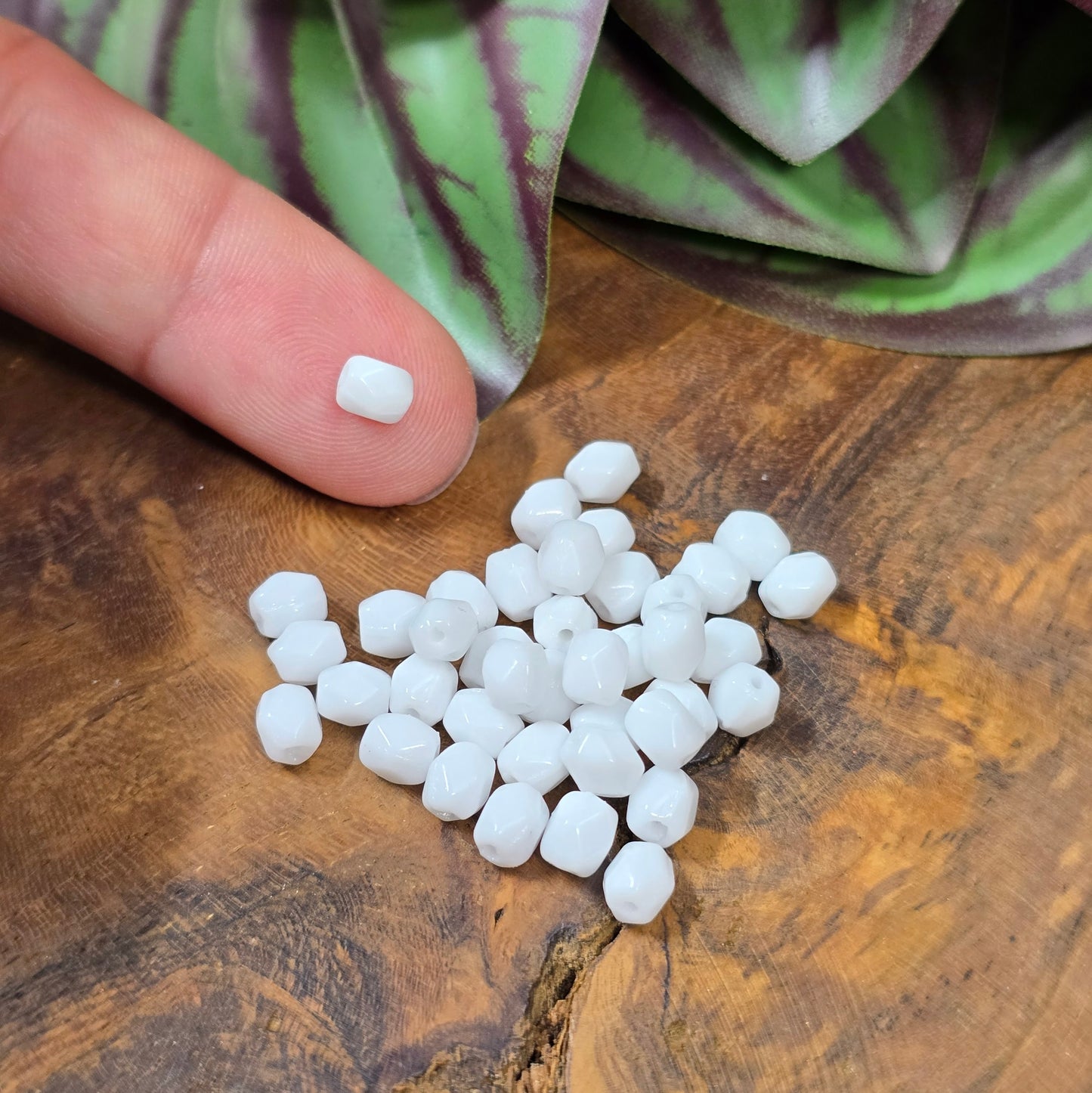 40 klassische Glasperlen in opakem Weiß (5 mm), oval & facettiert – aus Gablonz. Perfekt für elegante DIY-Schmuckideen, gut kombinierbar und vielseitig einsetzbar