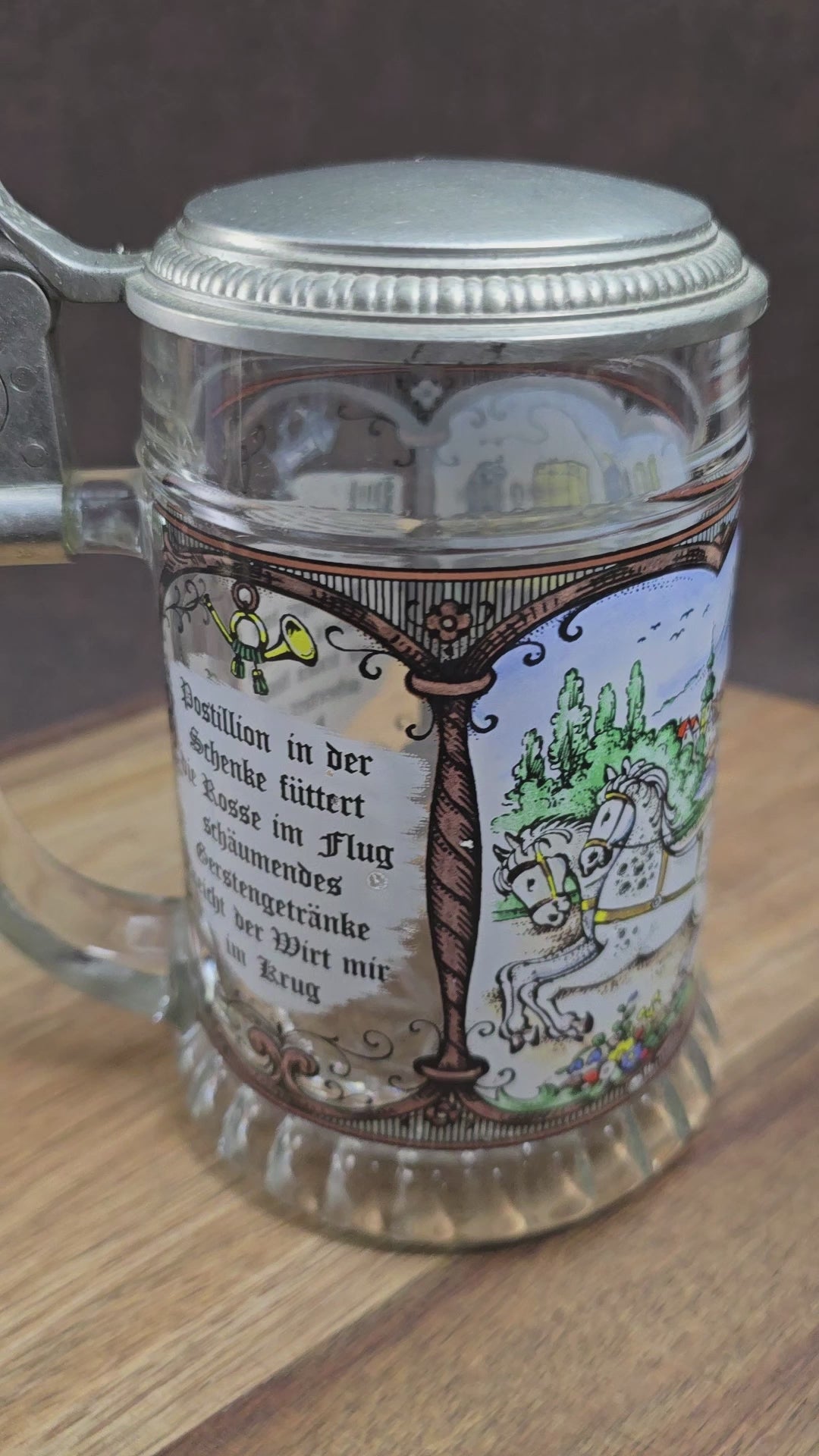 BMF Vintage-Bierseidel 0,5L mit Zinndeckel & Postillon-Motiv – 70er-Jahre Klassiker aus Glas, sehr dekorativ!