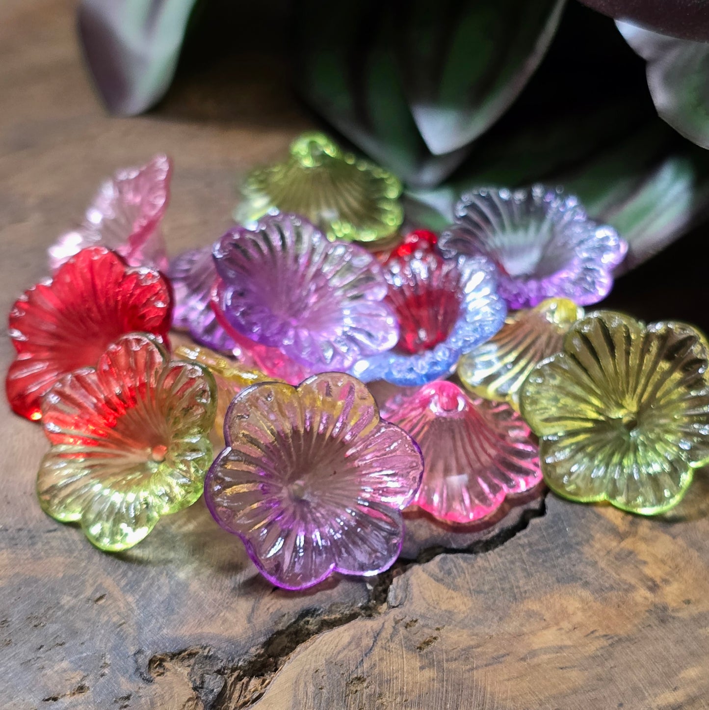 30 transparente Acryl-Blütenperlen im bunten Farbmix, 21 mm, leicht & vielseitig – ideal für Schmuck, Hochzeit, Frühling & DIY-Deko.