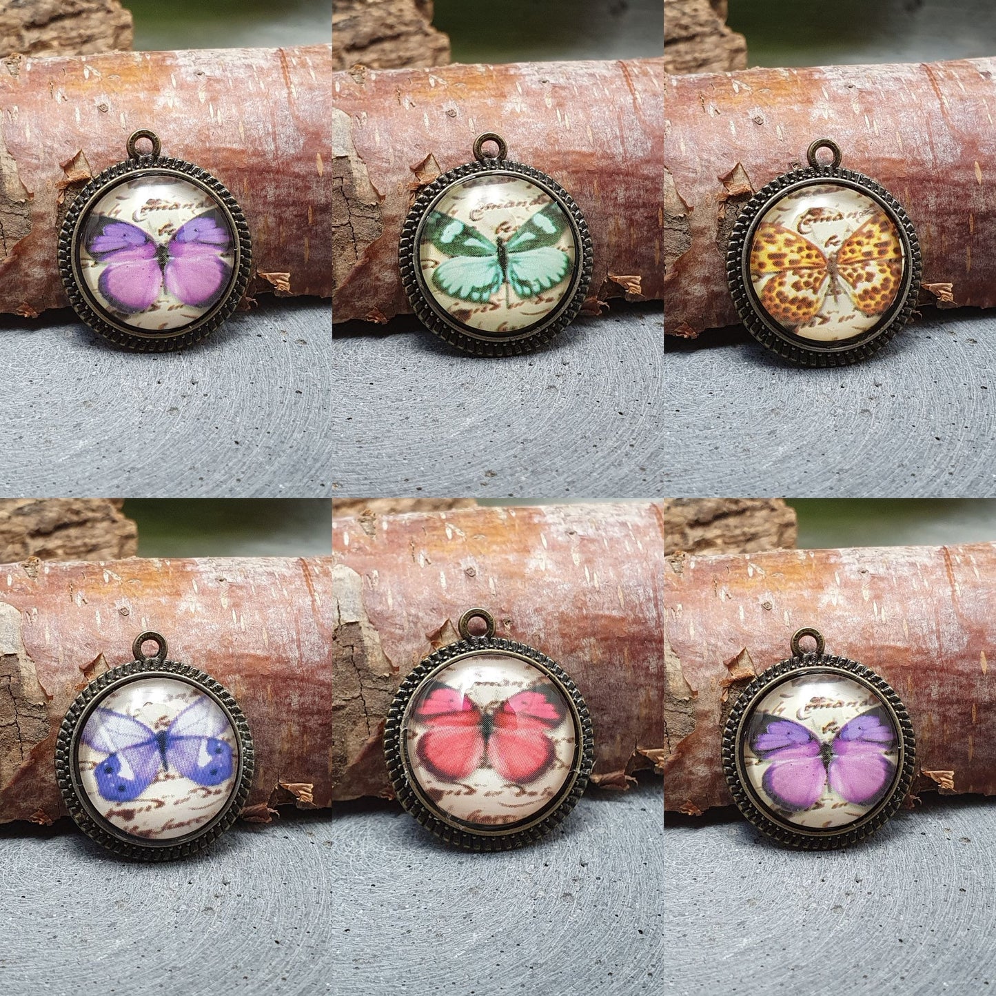 Anhänger mit Cabochon aus Glas, Schmetterling, antik bronzefarbig