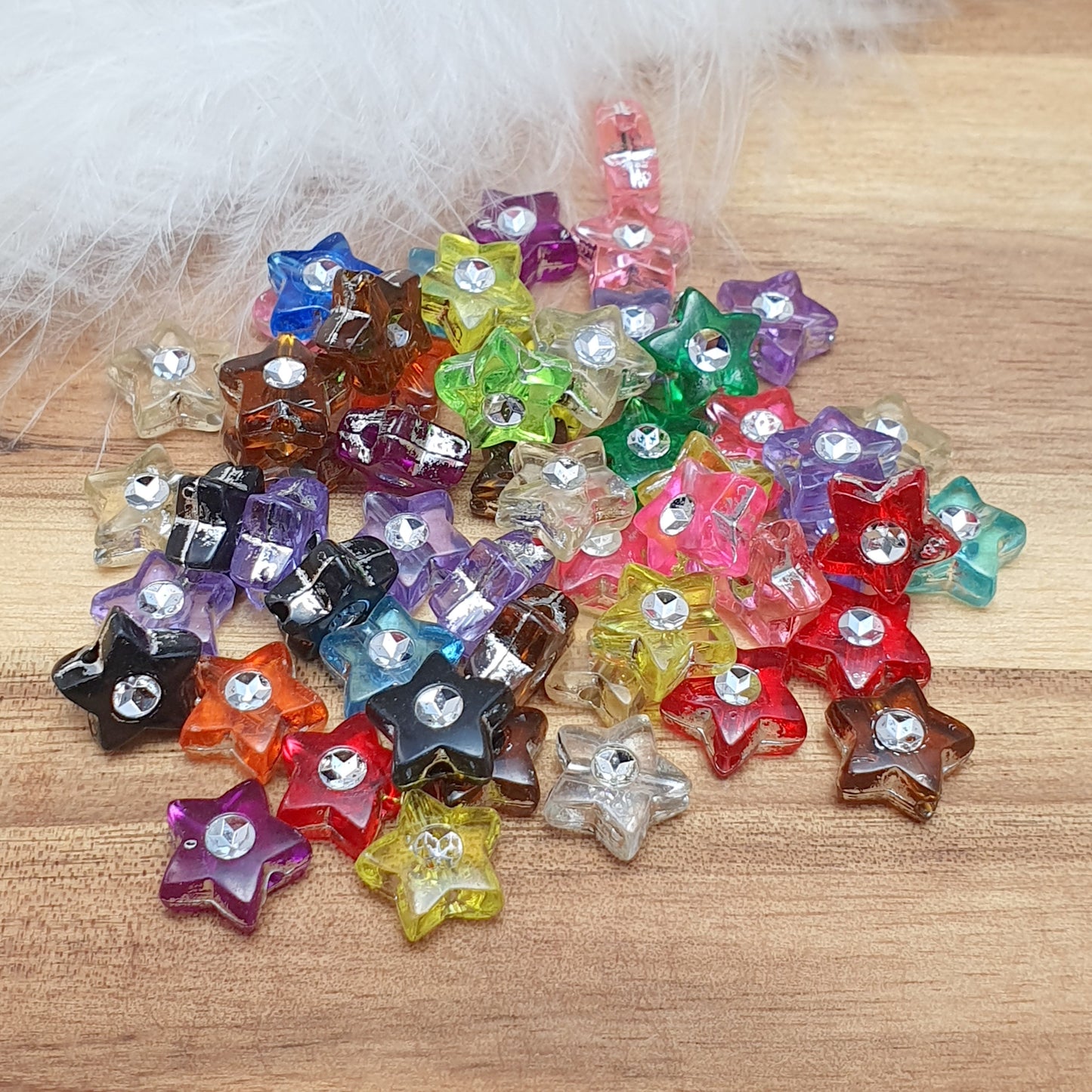 50 Perlen, Acryl, Stern, Klar, Farbmix, 9mm