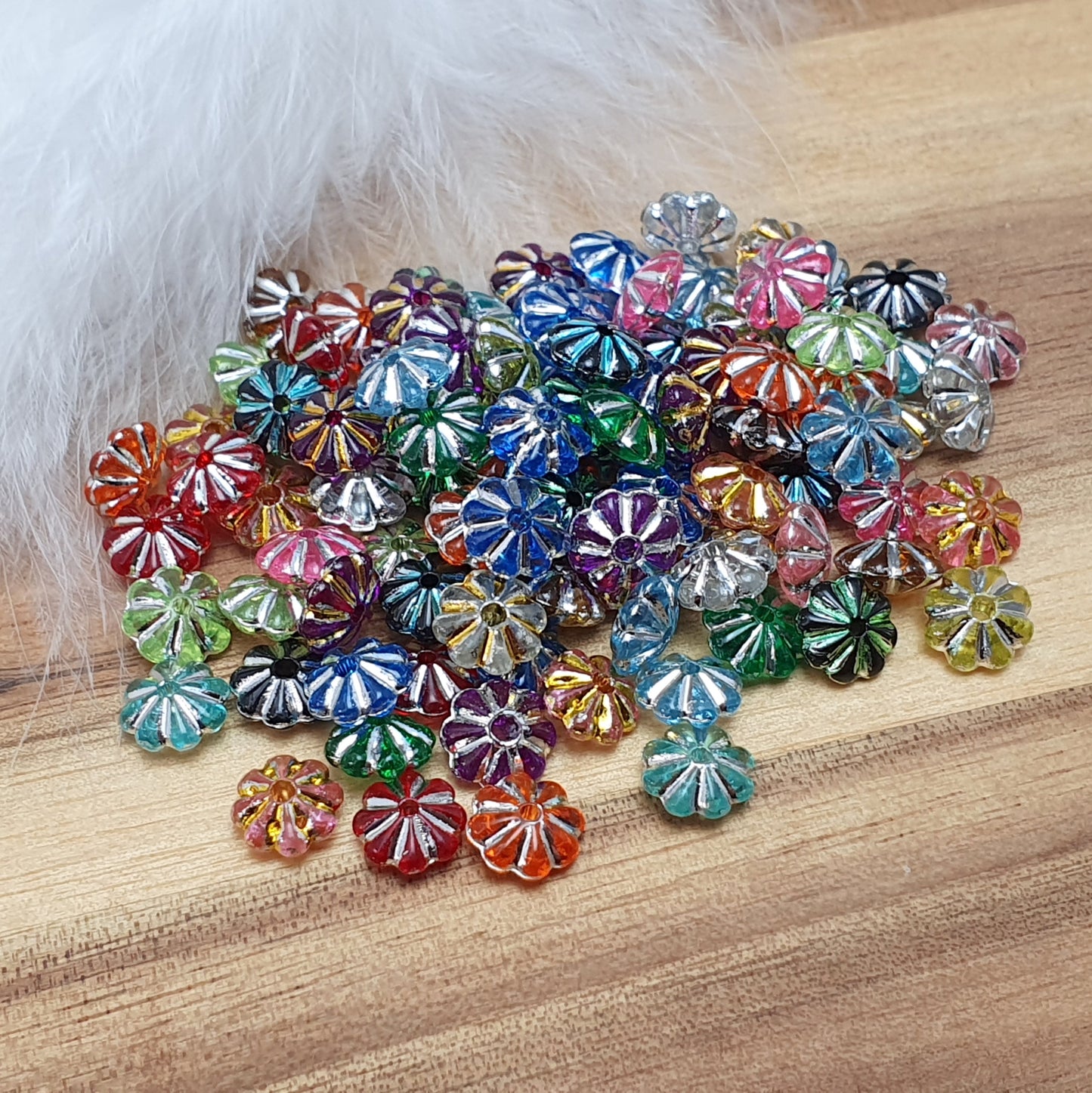 100 Acrylperlen, Rondell mit Rillen, Transp./Silber, 7mm
