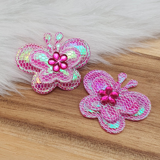 2 Applikationen, padded, Schmetterling mit Blume, Fuchsia, 35mm, Kreativbedarf