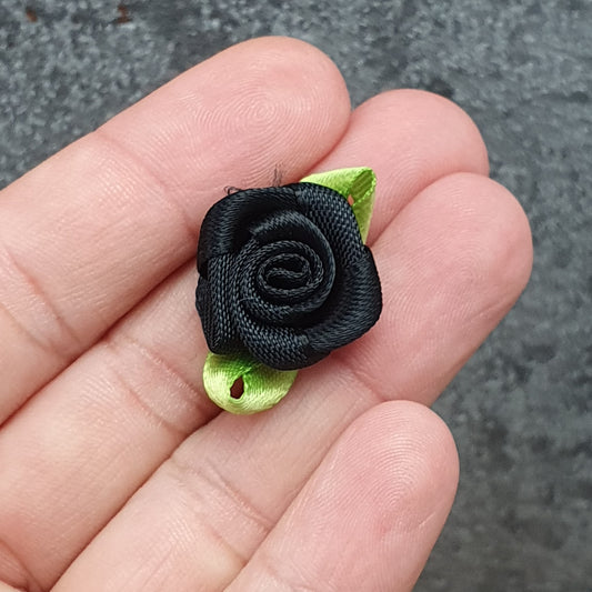 6 Satinrosen, 20mm, Schwarz, Satinröschen, Applikation, Deko, Kreativbedarf