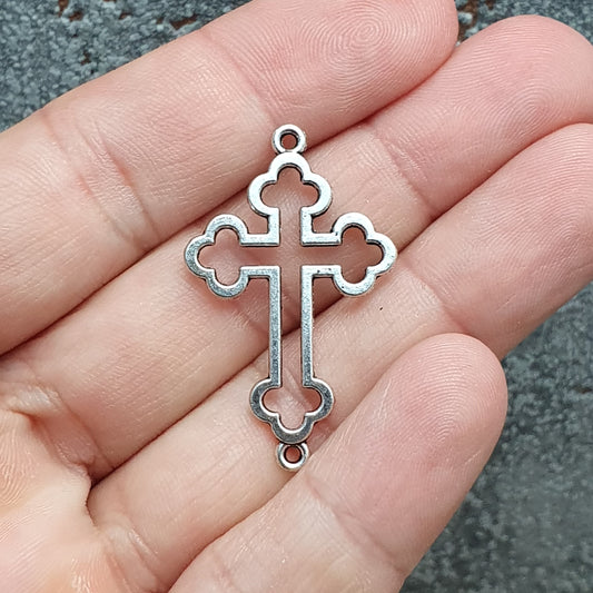 2 Verbinder, filigranes Kreuz, 34mm, antik silberfarbig, Schmuck DIY