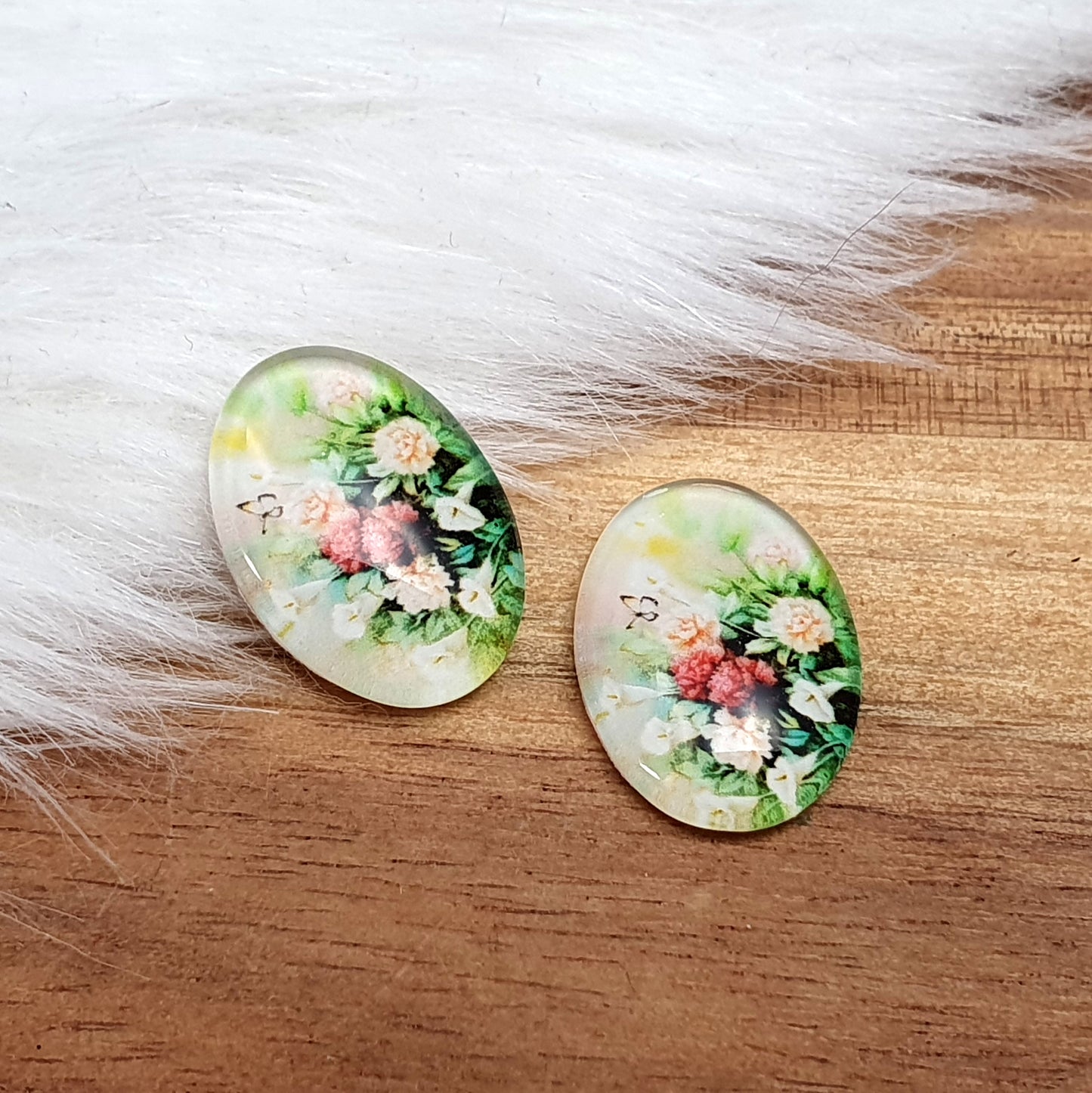 2 Cabochons, Glas, Oval, 13x18mm, mit verschiedenen Motiven, Schmuck DIY