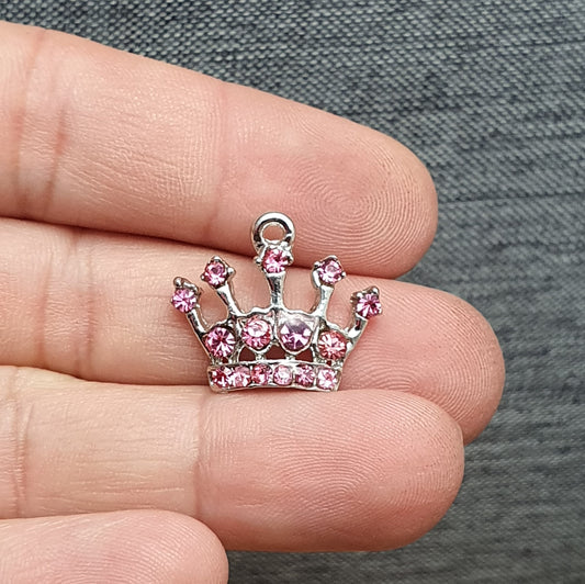 Anhänger strassbesetzte Krone, 18mm, Rosa, silberfarbig, Schmuck basteln