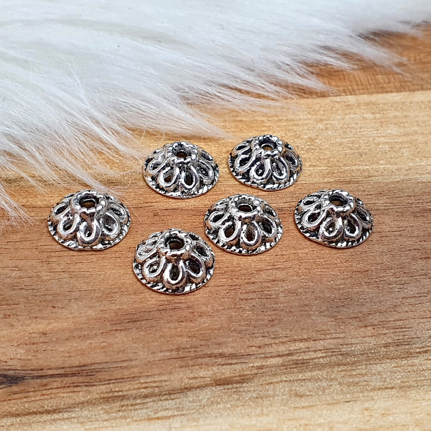 6 Perlenkappen, Borte, 10mm, antik silberfarbig, Schmuck DIY