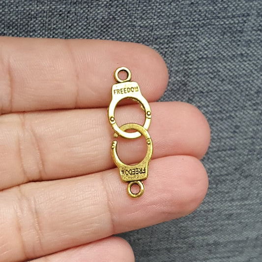 3 Anhänger, Charms, Handschellen, 31mm, antik goldfarbig, Schmuck Basteln