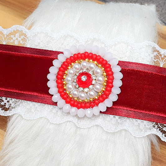 Choker, Samt, Dunkelrot, Weiß, mit Borte & handgefertigtem Zierteil, Unisize