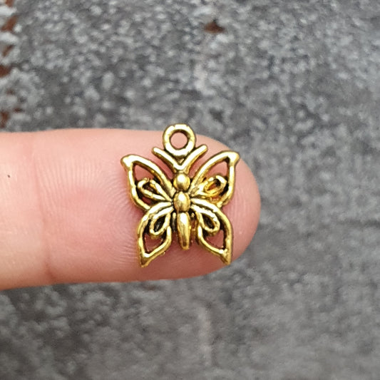 3 Charms, Anhänger Schmetterling, 15mm, antik goldfarbig