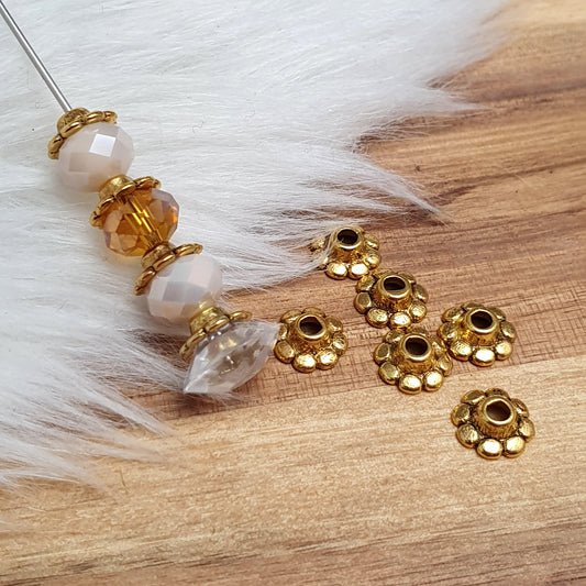 Zierkappen Perlenkappen, 8mm, Blume, antik goldfarbig, 10 oder 100 Stück