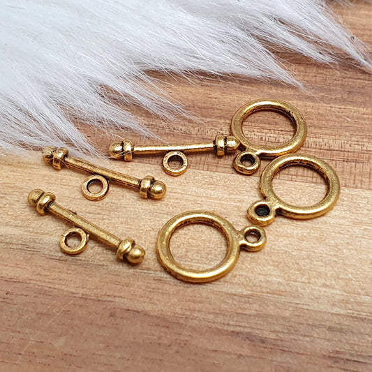 3x Knebelverschluss, antik goldfarbig, XS