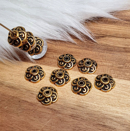 10 Perlenkappen Zierkappen, 9mm, antik goldfarbig