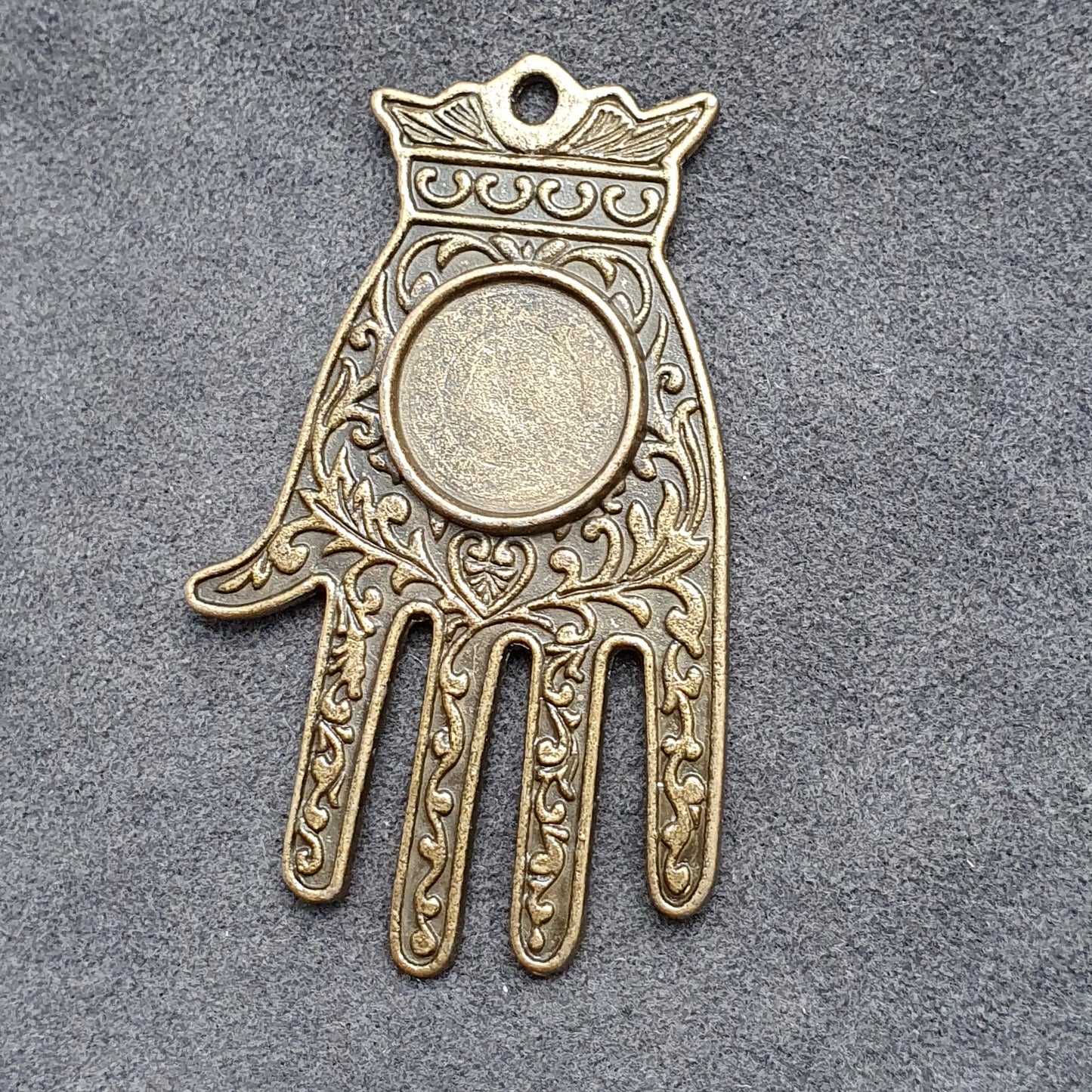 Großer Anhänger Hamsa Hand, für Cabochons, Rund 15mm, antik bronzefarbig
