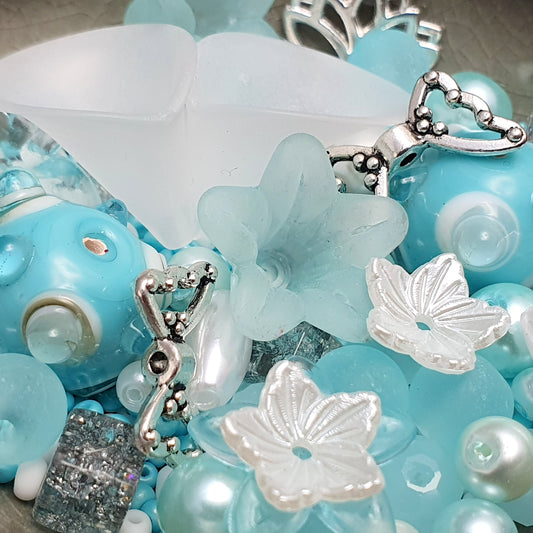 45g Perlenmischung, Aquablau, Glasperlen, Blüten, Lotus