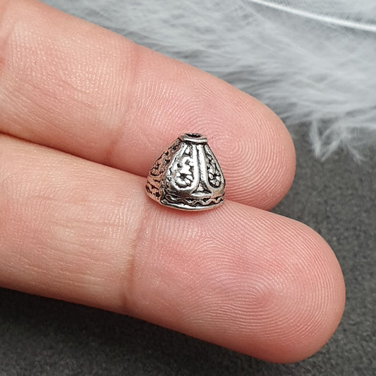 6 Zierkappen, Endkappen, konisch, 9mm, antik silberfarbig