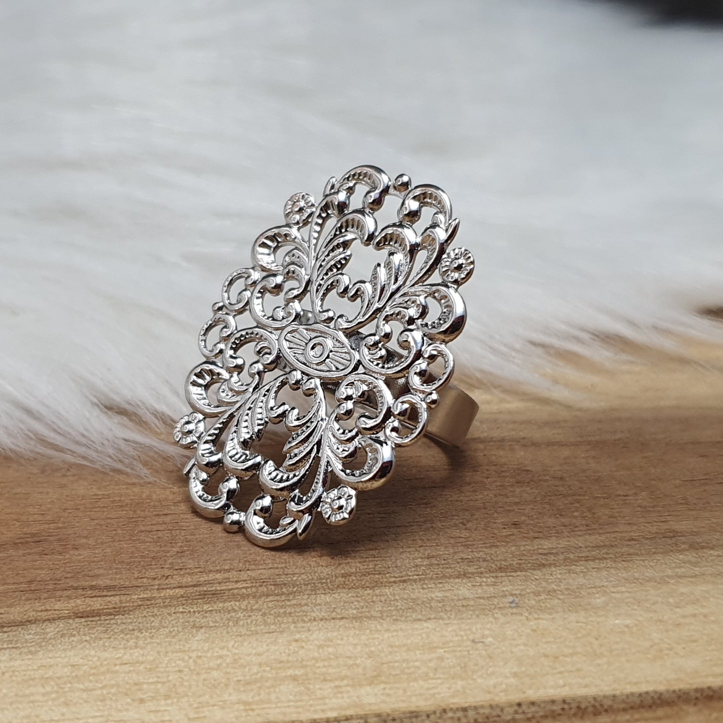 Ring Rohling, Ringschiene, mit filigraner, 30x24mm, platinfarbig, unisize