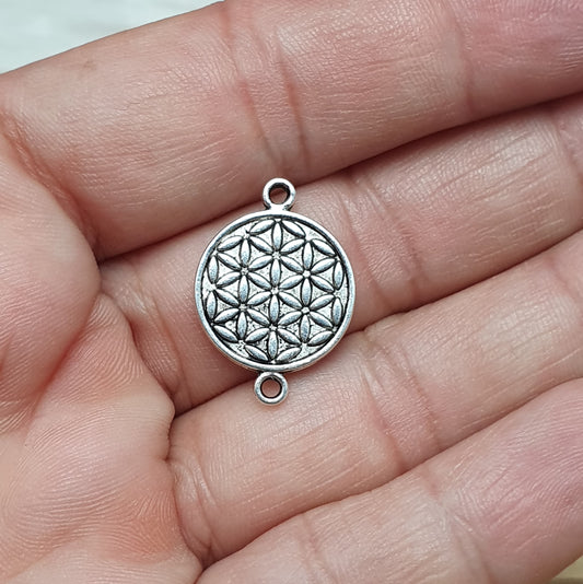 1x Verbinder Blume des Lebens, mit 2 Ösen, 21mm, antik silberfarbig, Reiki, Yoga