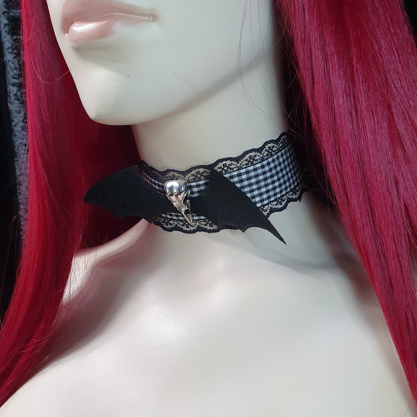 Choker, Schwarz/Weiß, Karoband, Rabenschädel, Fledermaus, Unisize