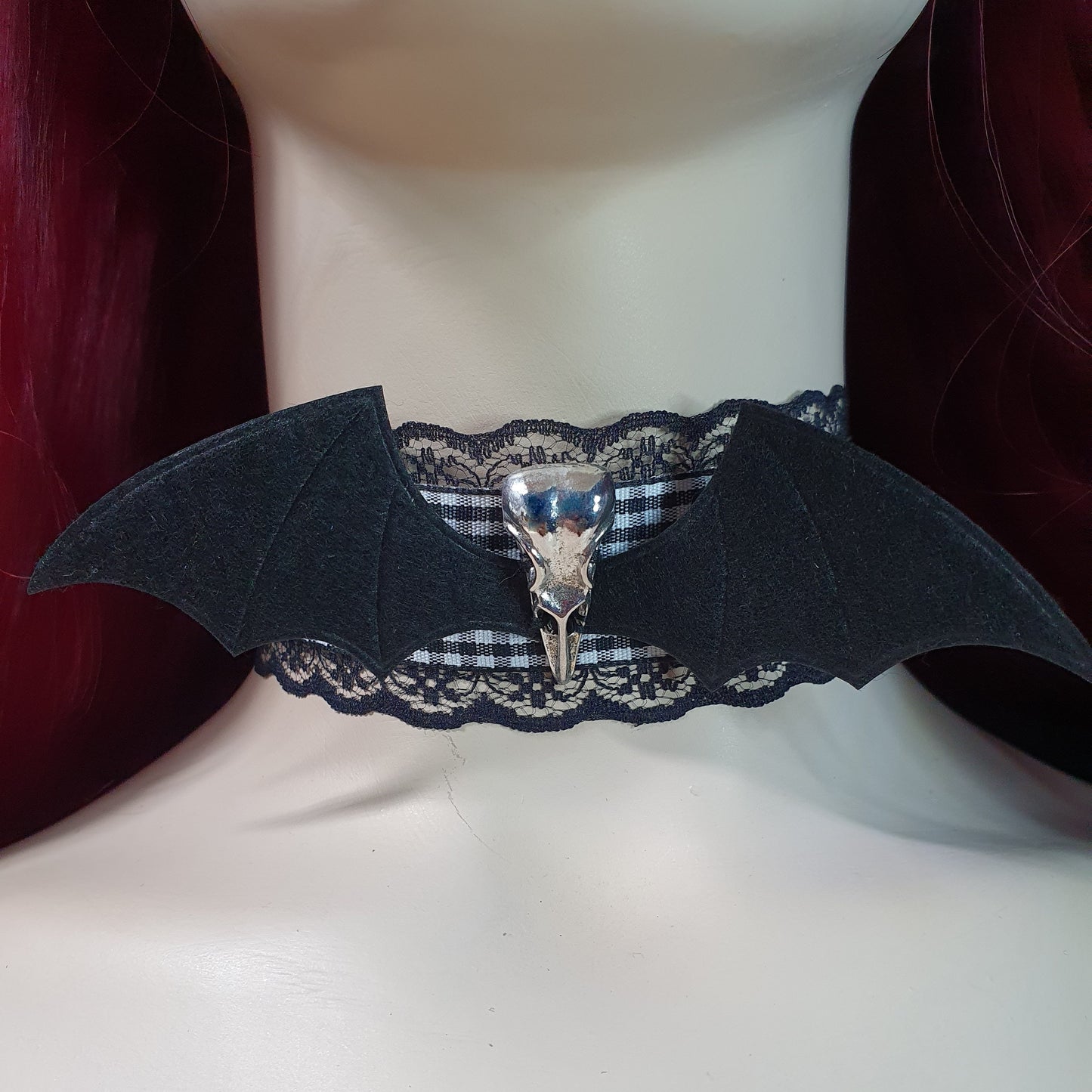Choker, Schwarz/Weiß, Karoband, Rabenschädel, Fledermaus, Unisize